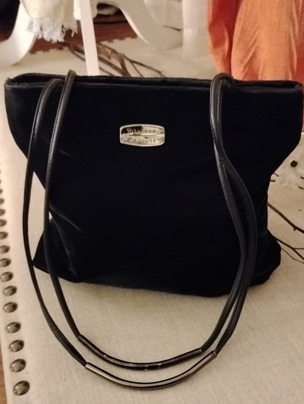 Diahann Carroll Black Shoulder Bag.  Velvet look and feel. Zip Closure